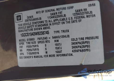 1998 Chevrolet S-10 Ls Fleetside z USA, uszkodzony, nr VIN 1GCCS1943W8238745